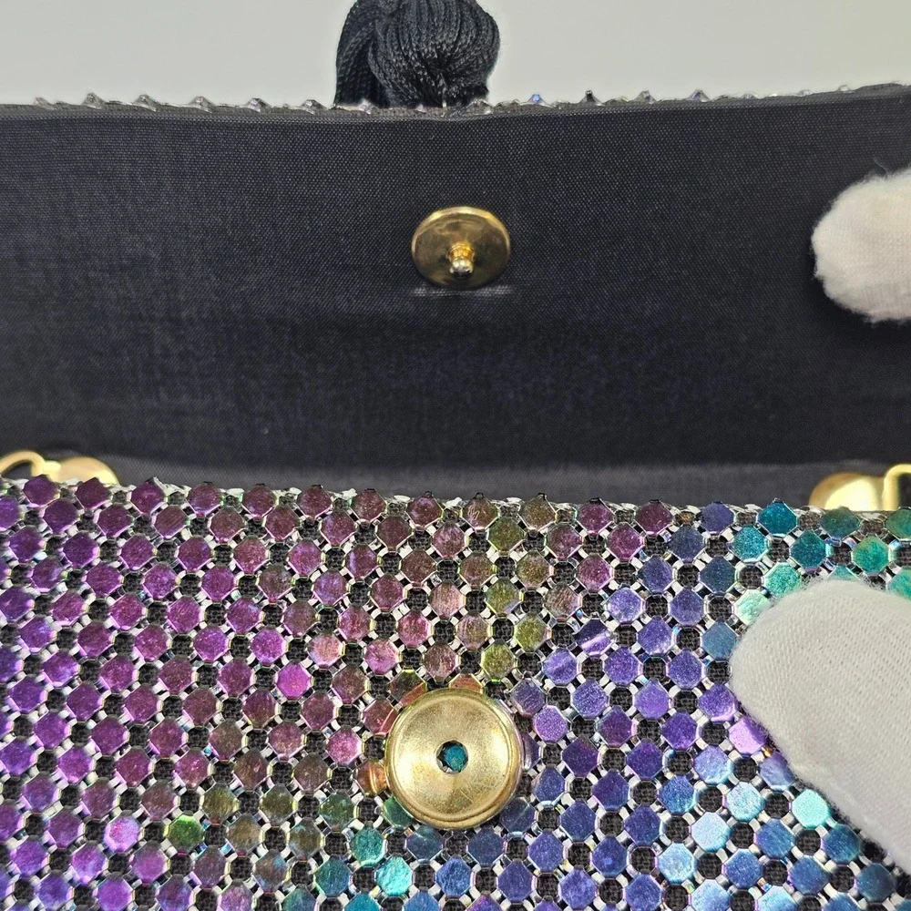 Apri Nights Iridescent Metal Mesh Crossbody Bag‎ Oil Slick Tassel Evening Clutch
